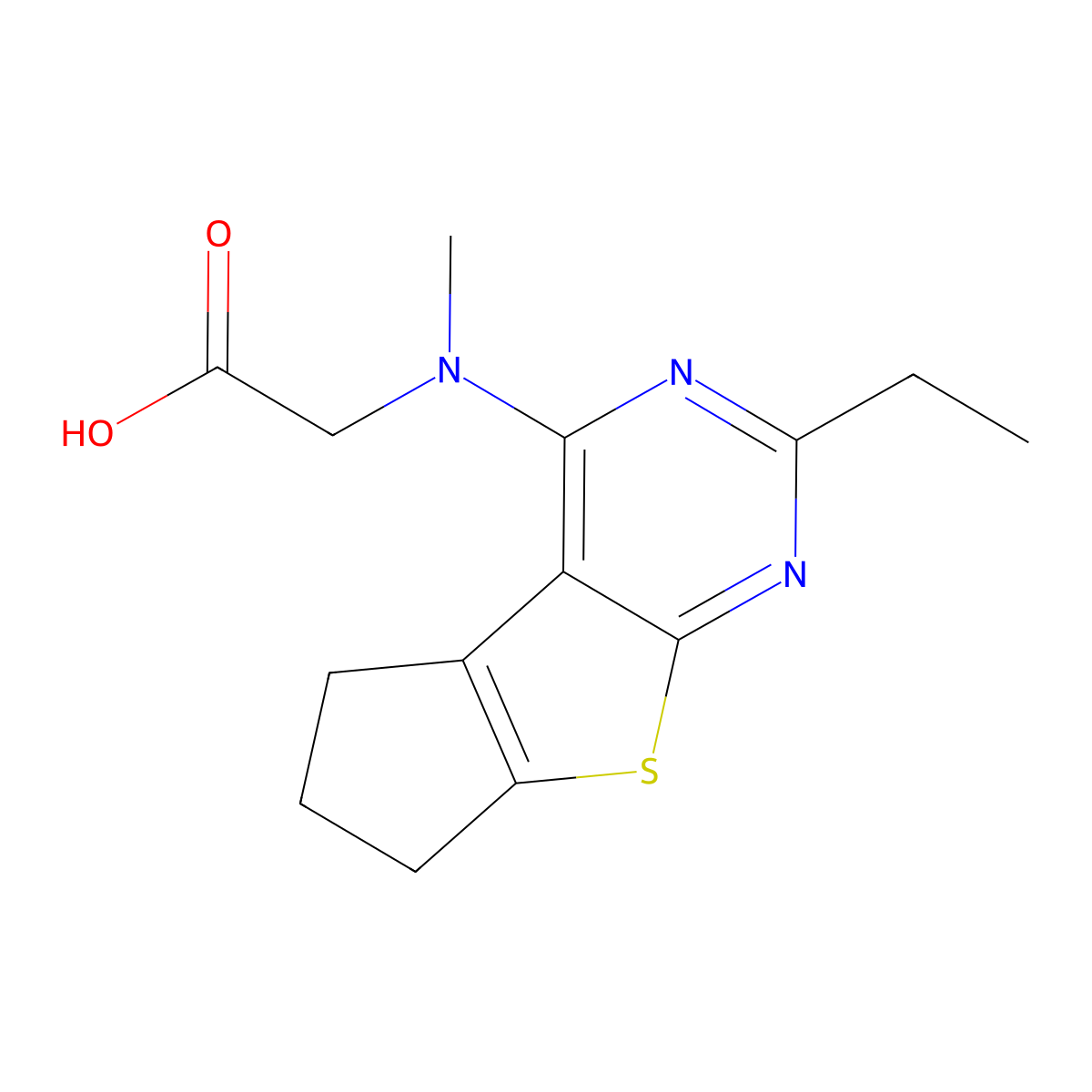 2-((2-ethyl-6,7-dihydro-5H-cyclopenta[4,5]thieno[2,3-d]pyrimidin-4-yl)(methyl)amino)acetic acid molecular structure, CAS 1206078-54-7