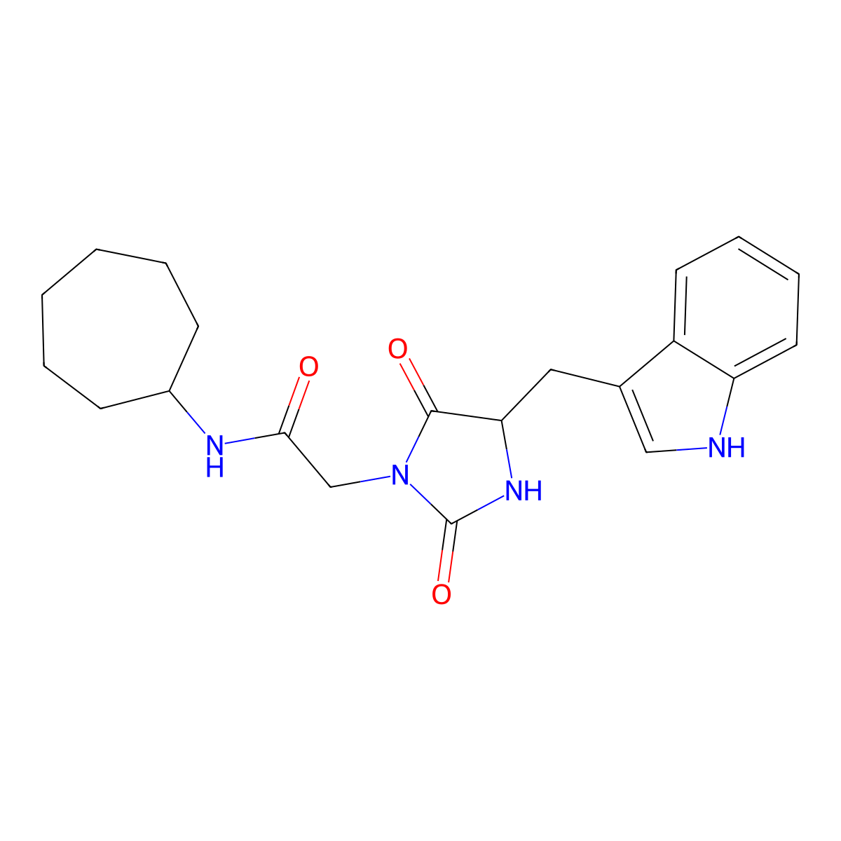 N-cycloheptyl-2-{4-[(1H-indol-3-yl)methyl]-2,5-dioxoimidazolidin-1-yl}acetamide molecular structure, CAS 1206085-56-4