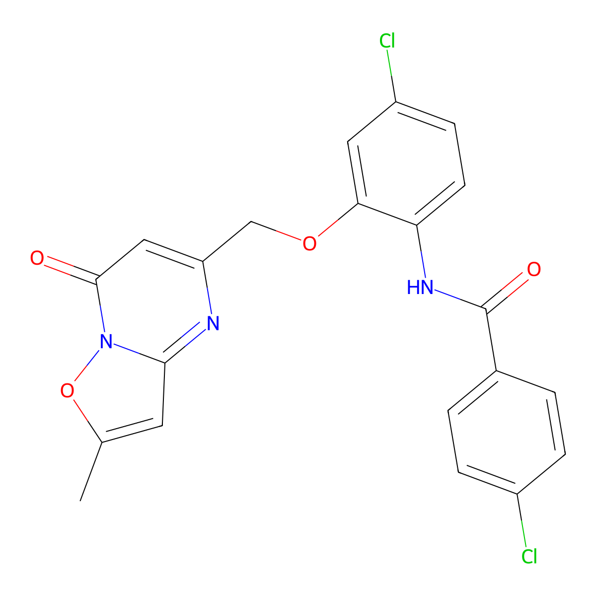 4-chloro-N-{4-chloro-2-[(2-methyl-7-oxo-7H-isoxazolo[2,3-a]pyrimidin-5-yl)methoxy]phenyl}benzamide molecular structure, CAS 1206094-94-1