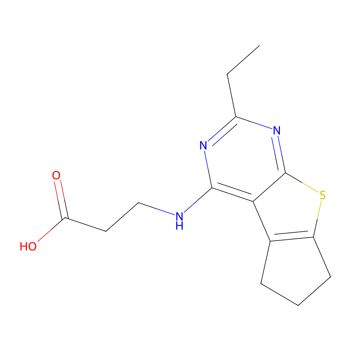 3-((2-ethyl-6,7-dihydro-5H-cyclopenta[4,5]thieno[2,3-d]pyrimidin-4-yl)amino)propanoic acid molecular structure, CAS 1206096-08-3