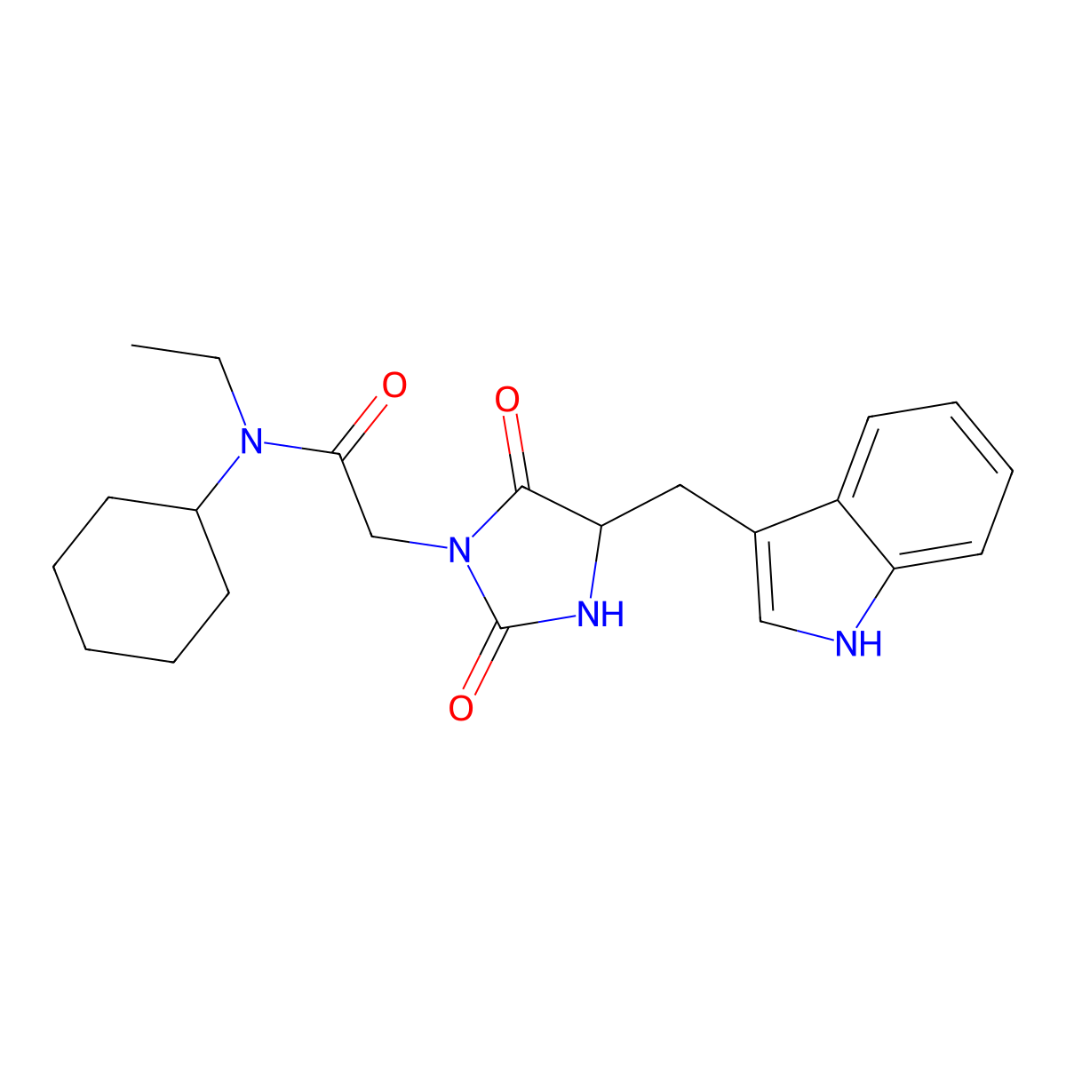 N-cyclohexyl-N-ethyl-2-{4-[(1H-indol-3-yl)methyl]-2,5-dioxoimidazolidin-1-yl}acetamide molecular structure, CAS 1206097-69-9