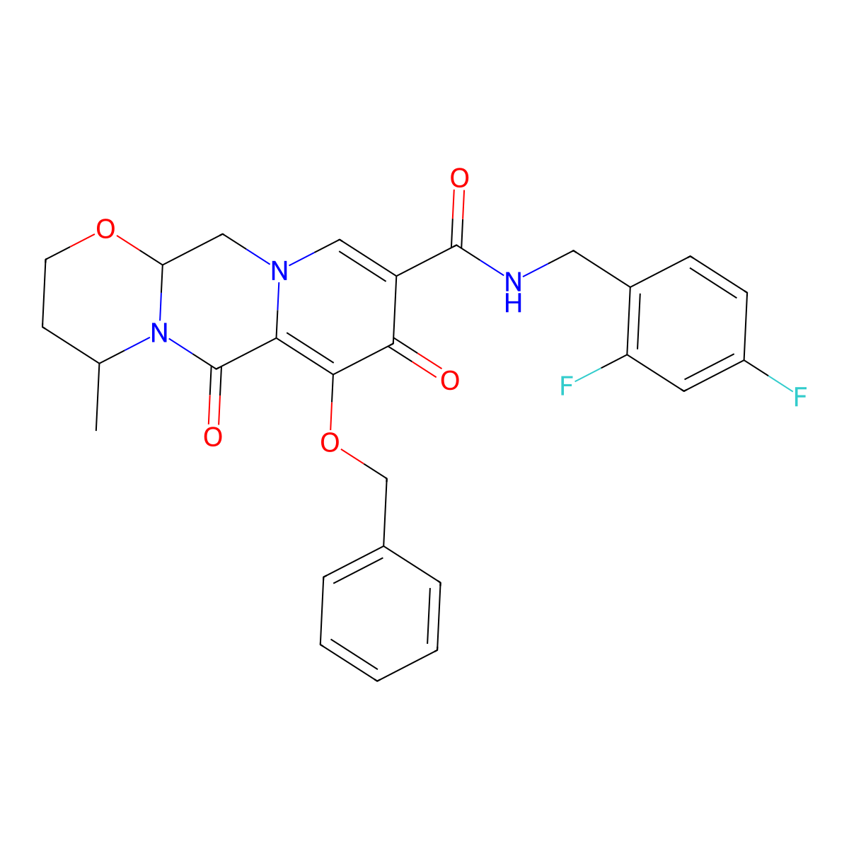 (4R,12aS)-7-(Benzyloxy)-N-(2,4-difluorobenzyl)-4-methyl-6,8-dioxo-3,4,6,8,12,12a-hexahydro-2H-pyrido(1',2':4,5)pyrazino(2,1-b)(1,3)oxazine-9-carboxamide molecular structure, CAS 1206102-11-5