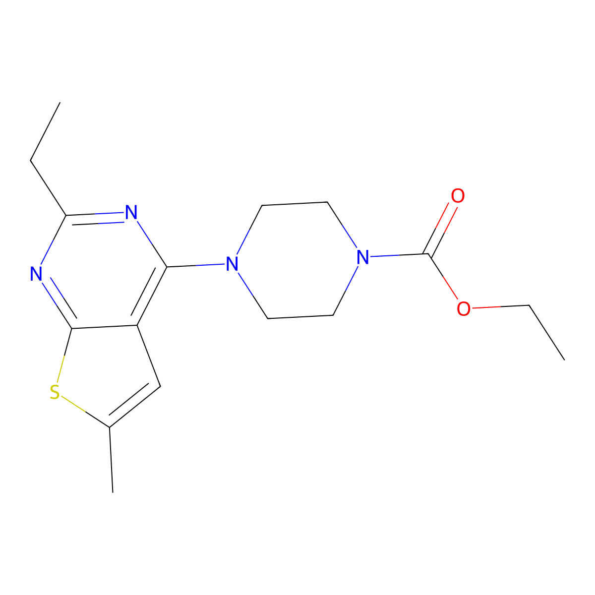 Ethyl 4-(2-ethyl-6-methylthieno[2,3-d]pyrimidin-4-yl)piperazine-1-carboxylate molecular structure, CAS 1206116-82-6