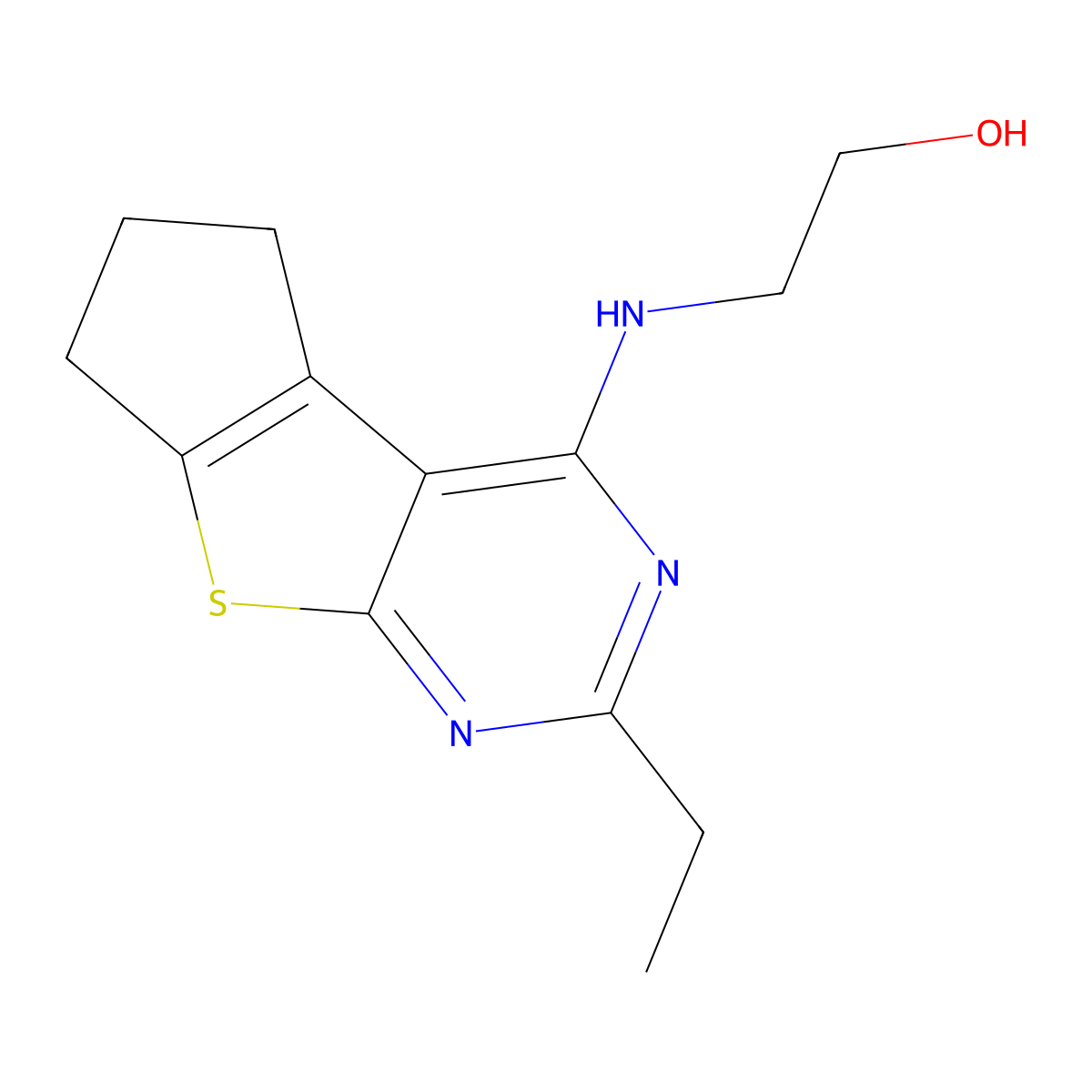 2-((2-ethyl-6,7-dihydro-5H-cyclopenta[4,5]thieno[2,3-d]pyrimidin-4-yl)amino)ethanol molecular structure, CAS 1206127-71-0