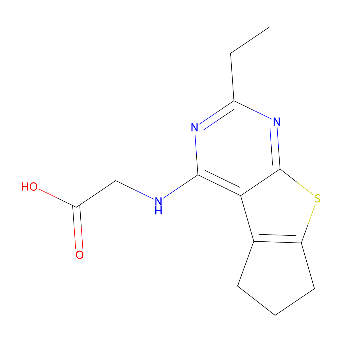 2-((2-ethyl-6,7-dihydro-5H-cyclopenta[4,5]thieno[2,3-d]pyrimidin-4-yl)amino)acetic acid molecular structure, CAS 1206134-83-9