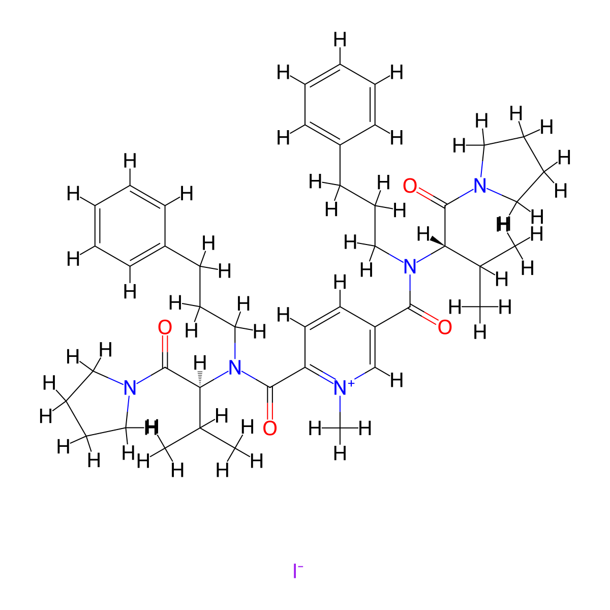 1-methyl-2-N,5-N-bis[(2S)-3-methyl-1-oxo-1-pyrrolidin-1-ylbutan-2-yl]-2-N,5-N-bis(3-phenylpropyl)pyridin-1-ium-2,5-dicarboxamide iodide molecular structure, CAS 1206480-93-4