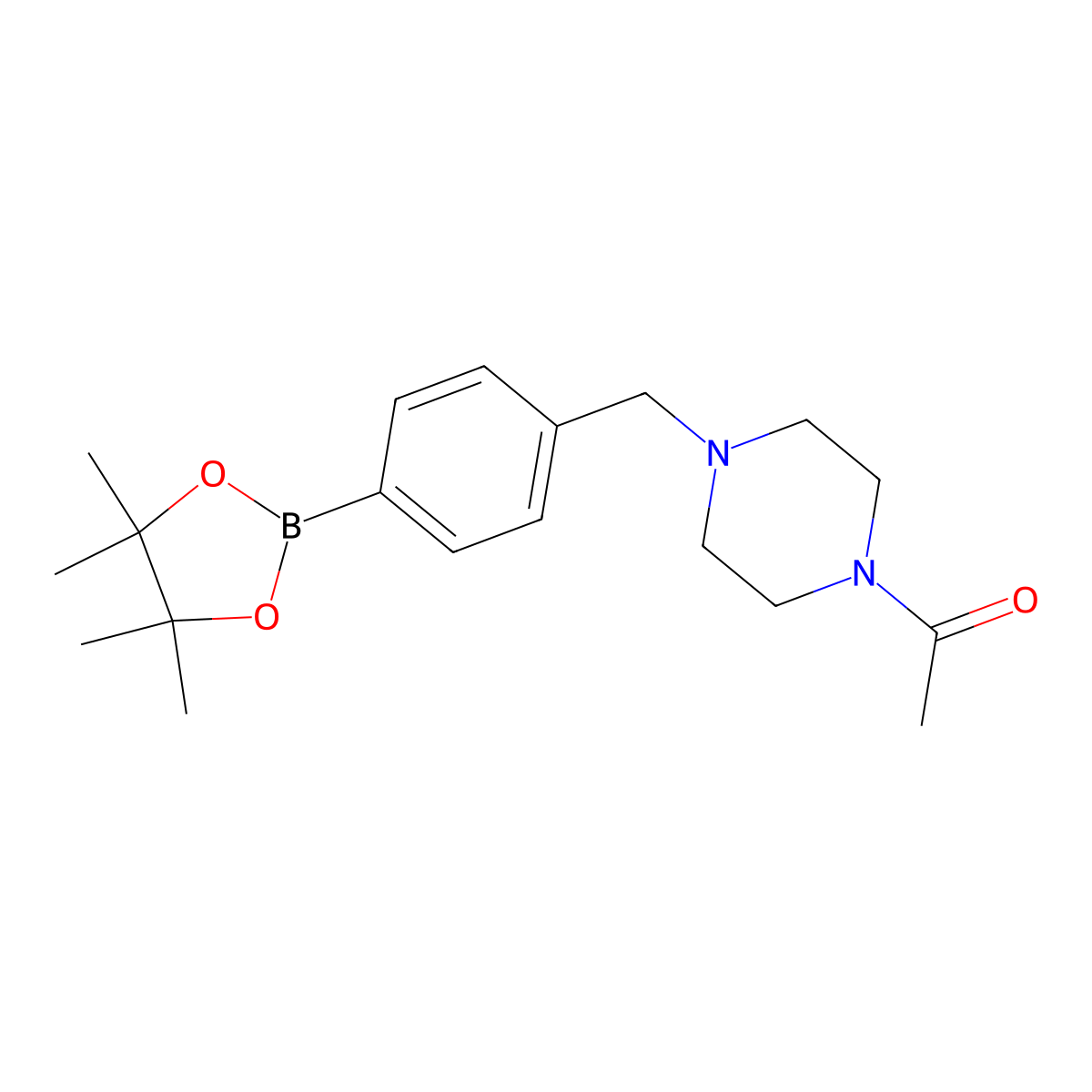 1-(4-(4-(4,4,5,5-Tetramethyl-1,3,2-dioxaborolan-2-yl)benzyl)piperazin-1-yl)ethanone molecular structure, CAS 1206594-13-9