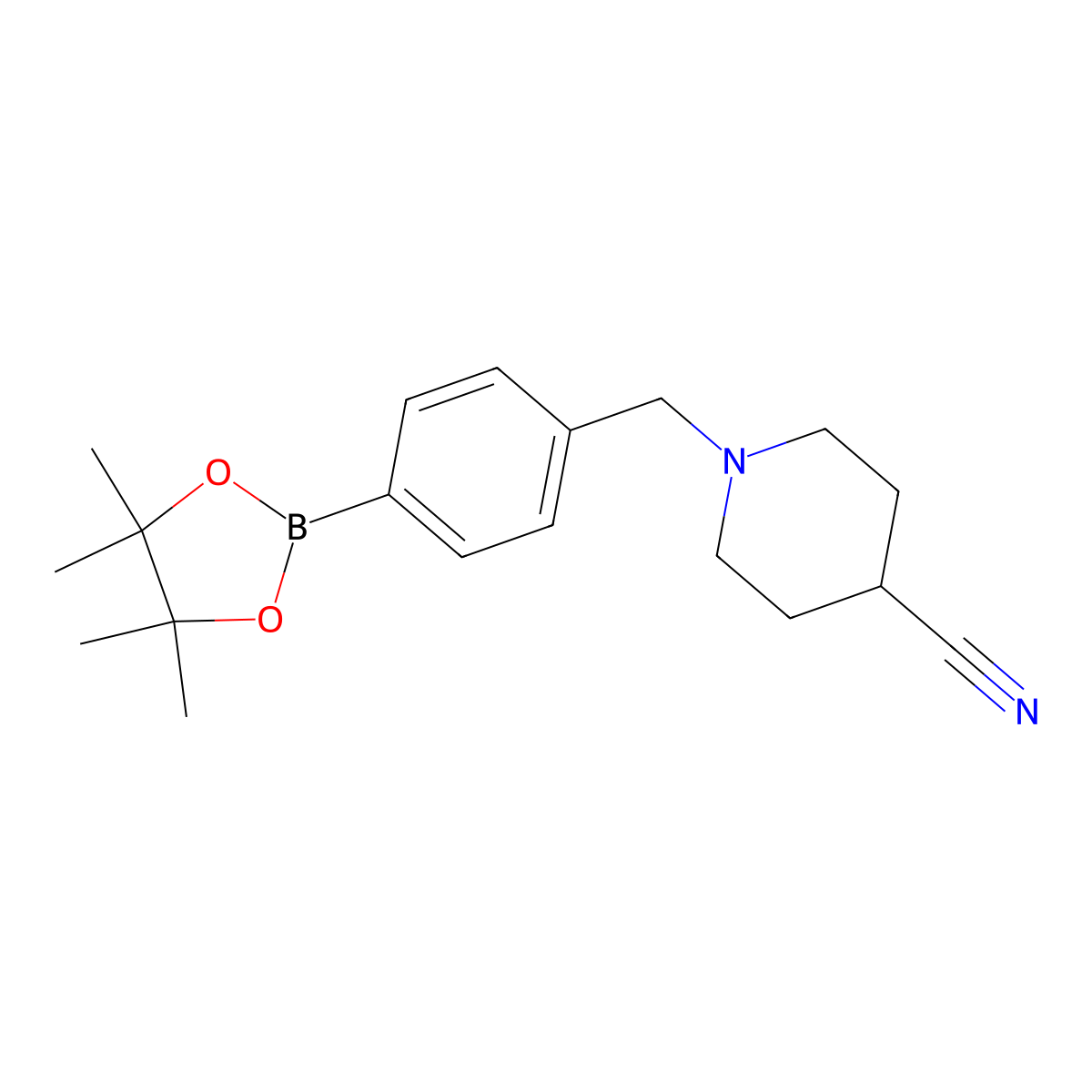 1-{[4-(Tetramethyl-1,3,2-dioxaborolan-2-yl)phenyl]methyl}piperidine-4-carbonitrile molecular structure, CAS 1206641-46-4