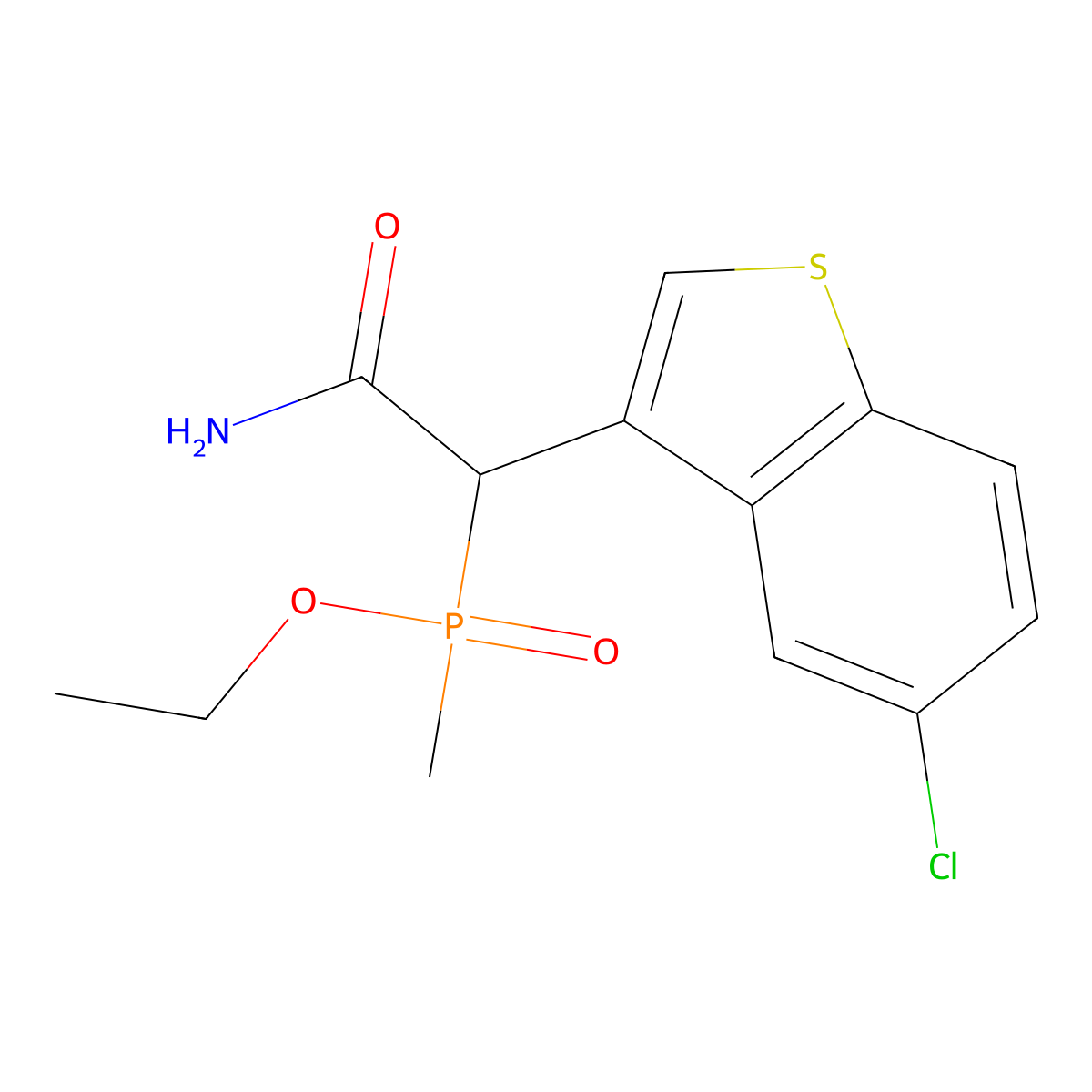 Ethyl (2-amino-1-(5-chlorobenzo[b]thiophen-3-yl)-2-oxoethyl)(methyl)phosphinate molecular structure, CAS 1206680-28-5