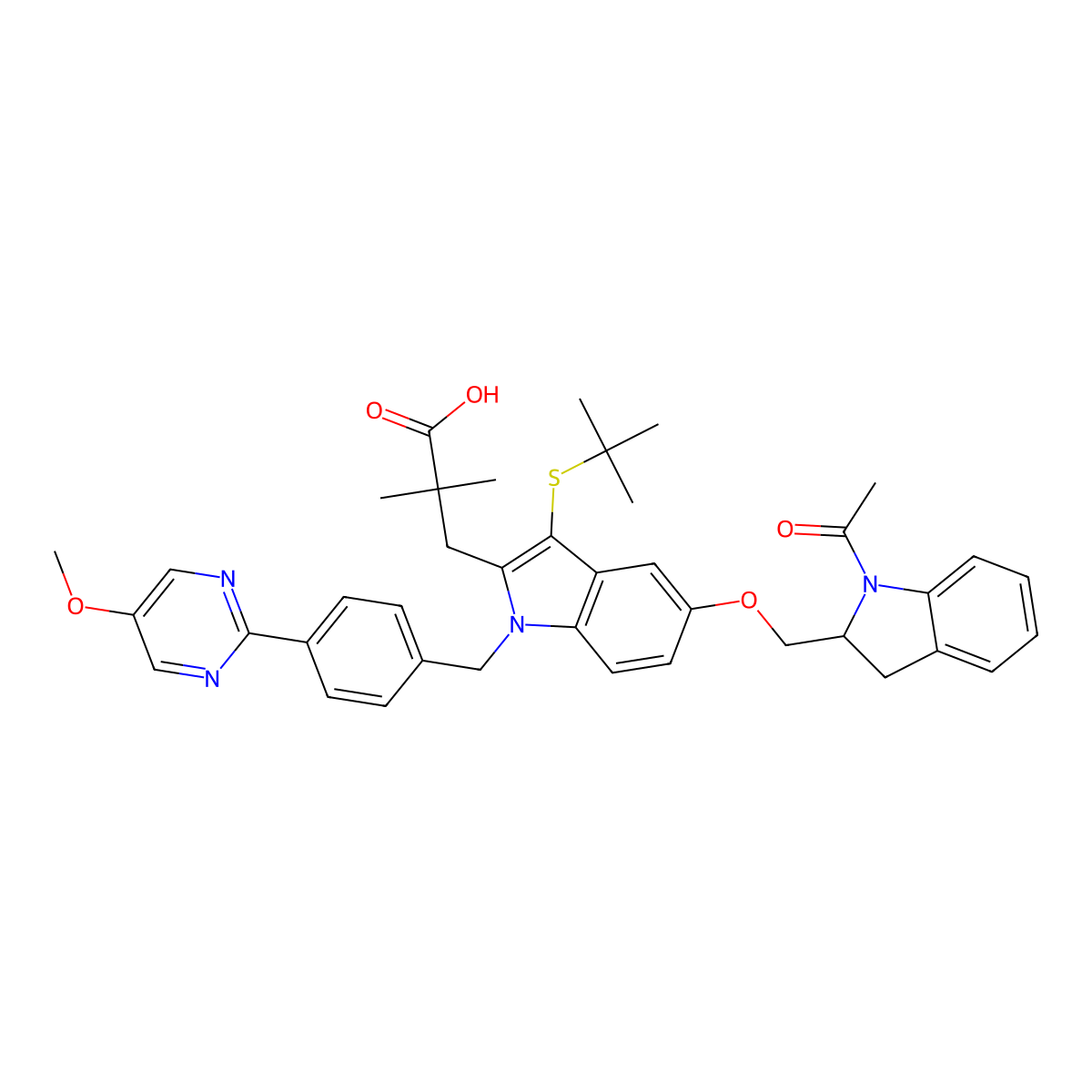 (S)-3-(5-((1-acetylindolin-2-yl)methoxy)-3-(tert-butylthio)-1-(4-(5-methoxypyrimidin-2-yl)benzyl)-1H-indol-2-yl)-2,2-dimethylpropanoic acid molecular structure, CAS 1206880-66-1