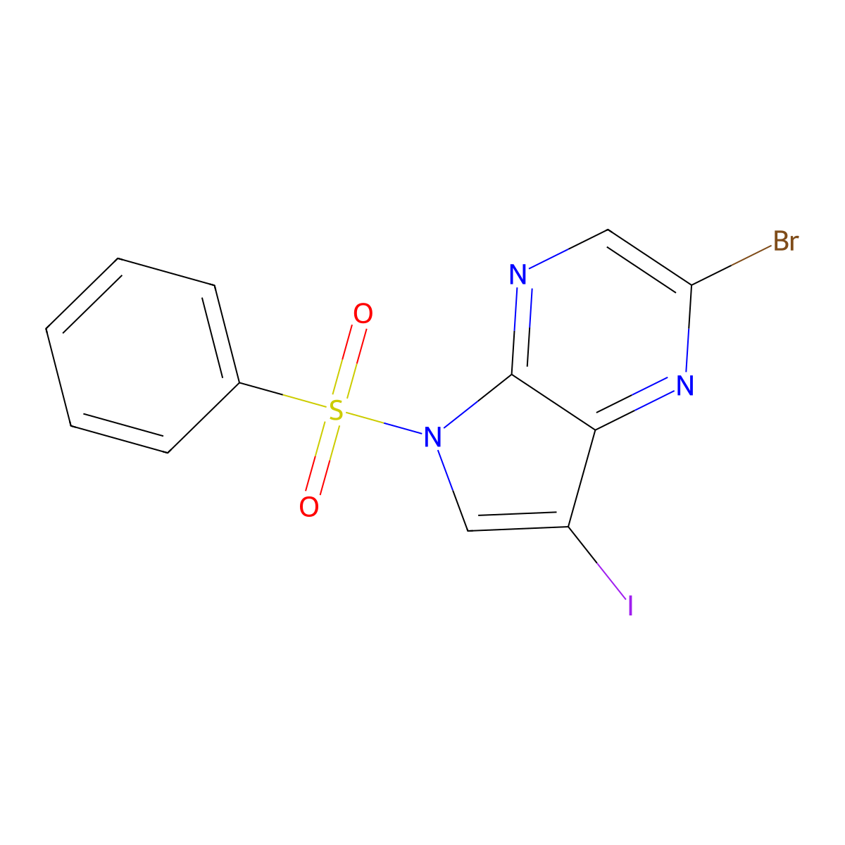 2-Bromo-7-iodo-5-(phenylsulfonyl)-5H-pyrrolo[2,3-b]pyrazine molecular structure, CAS 1206903-84-5