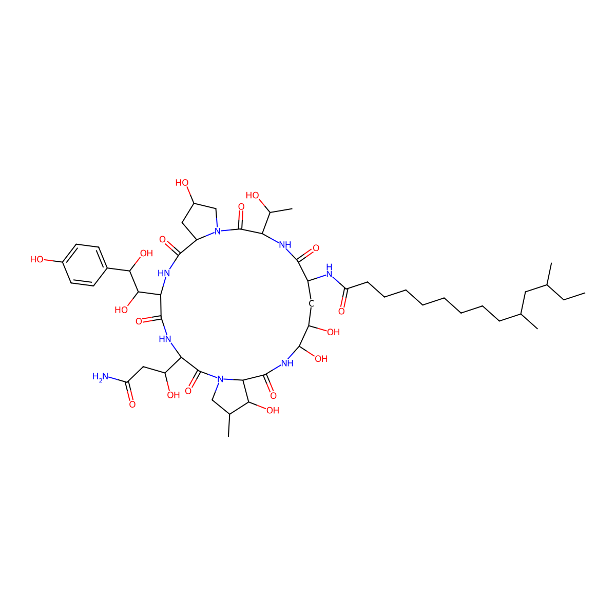 N-[(3S,6S,9S,11R,15S,18S,20R,21R,24S,25S,26S)-3-[(1R)-3-amino-1-hydroxy-3-oxopropyl]-6-[(1S,2S)-1,2-dihydroxy-2-(4-hydroxyphenyl)ethyl]-11,20,21,25-tetrahydroxy-15-[(1R)-1-hydroxyethyl]-26-methyl-2,5,8,14,17,23-hexaoxo-1,4,7,13,16,22-hexazatricyclo[22.3.0.09,13]heptacosan-18-yl]-10,12-dimethyltetradecanamide molecular structure, CAS 120692-19-5