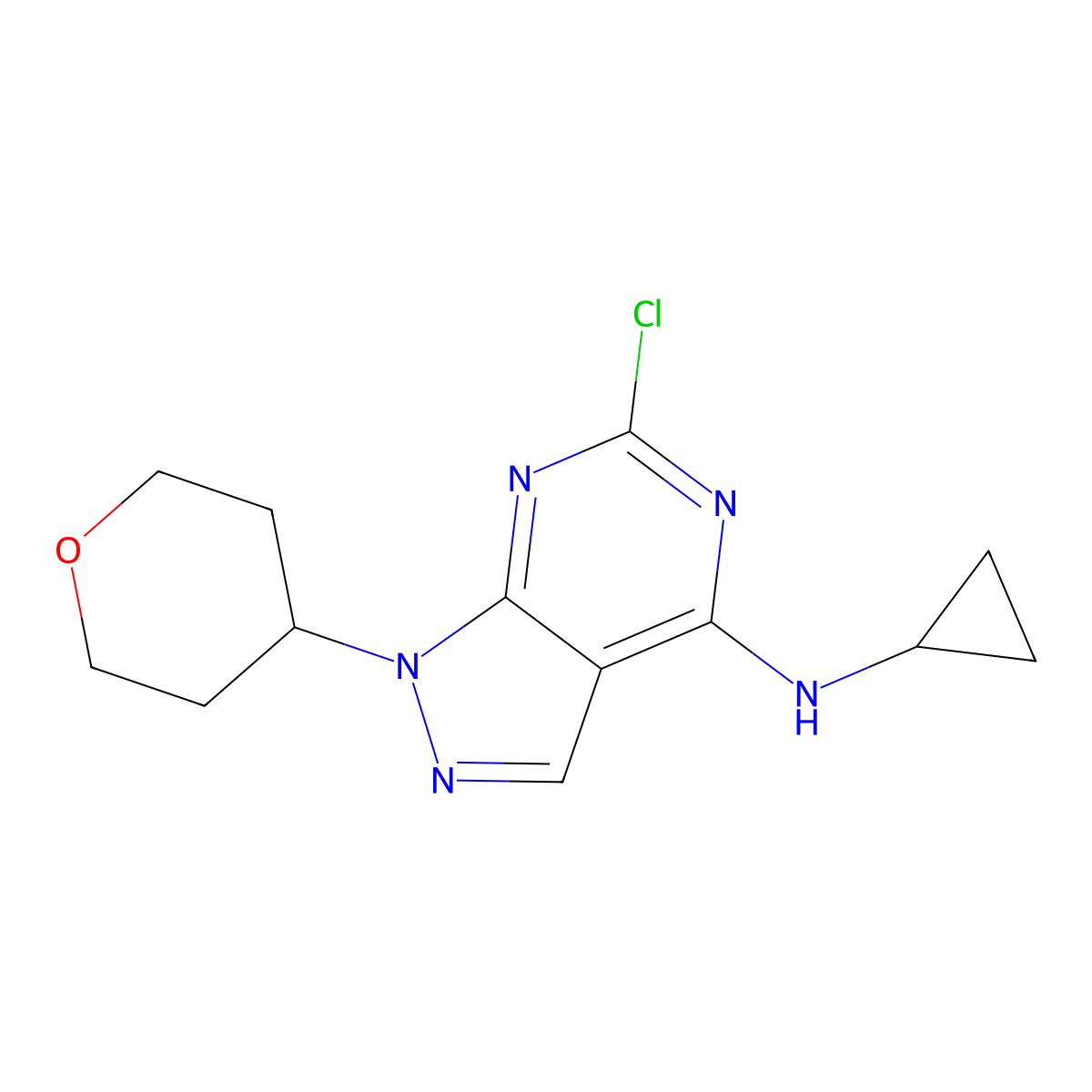 6-chloro-N-cyclopropyl-1-(tetrahydro-2H-pyran-4-yl)-1H-pyrazolo[3,4-d]pyrimidin-4-amine molecular structure, CAS 1206969-58-5