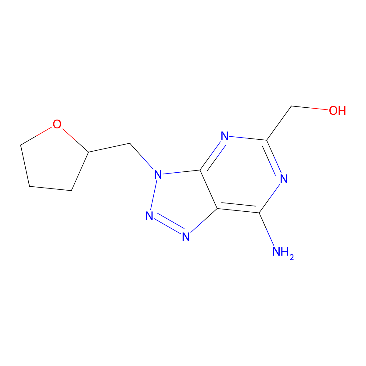 (7-amino-3-((tetrahydrofuran-2-yl)methyl)-3H-[1,2,3]triazolo[4,5-d]pyrimidin-5-yl)methanol molecular structure, CAS 1206970-17-3