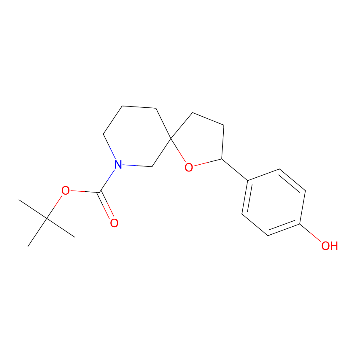 2-(4-Hydroxy-phenyl)-1-oxa-7-aza-spiro[4.5]decane-7-carboxylic acid tert-butyl ester molecular structure, CAS 1206970-20-8