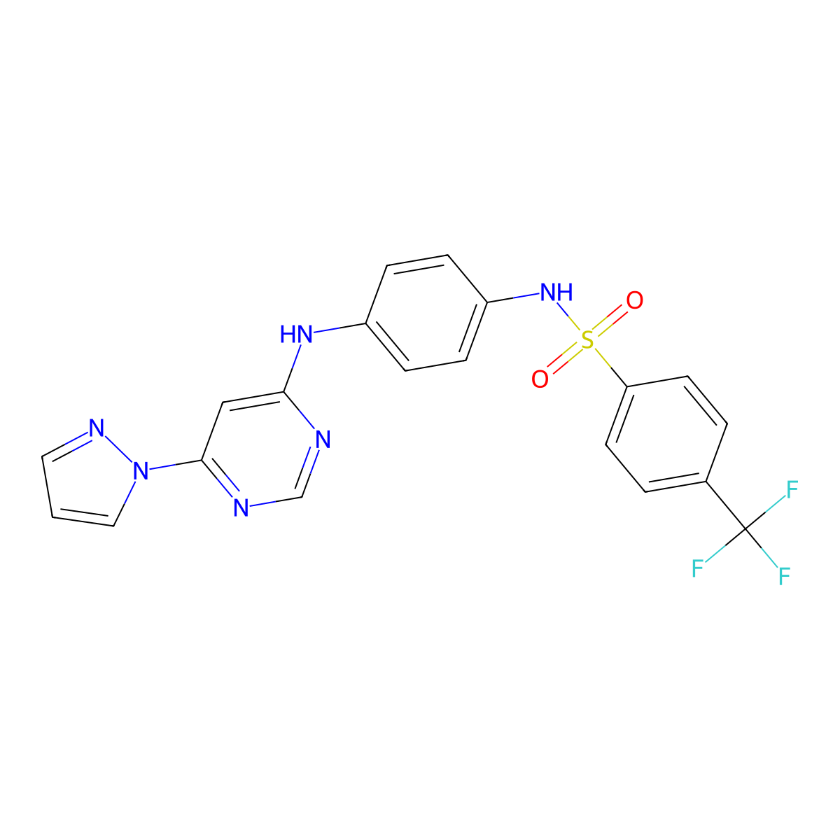 N-(4-((6-(1H-pyrazol-1-yl)pyrimidin-4-yl)amino)phenyl)-4-(trifluoromethyl)benzenesulfonamide molecular structure, CAS 1206984-65-7