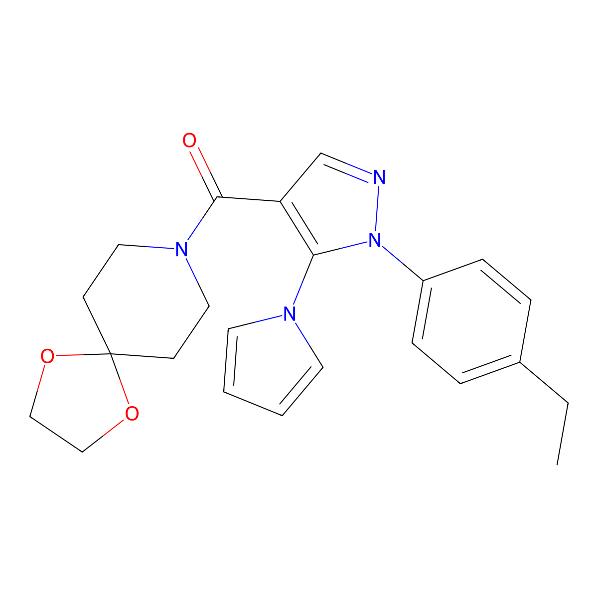 (1-(4-ethylphenyl)-5-(1H-pyrrol-1-yl)-1H-pyrazol-4-yl)(1,4-dioxa-8-azaspiro[4.5]decan-8-yl)methanone molecular structure, CAS 1206984-67-9