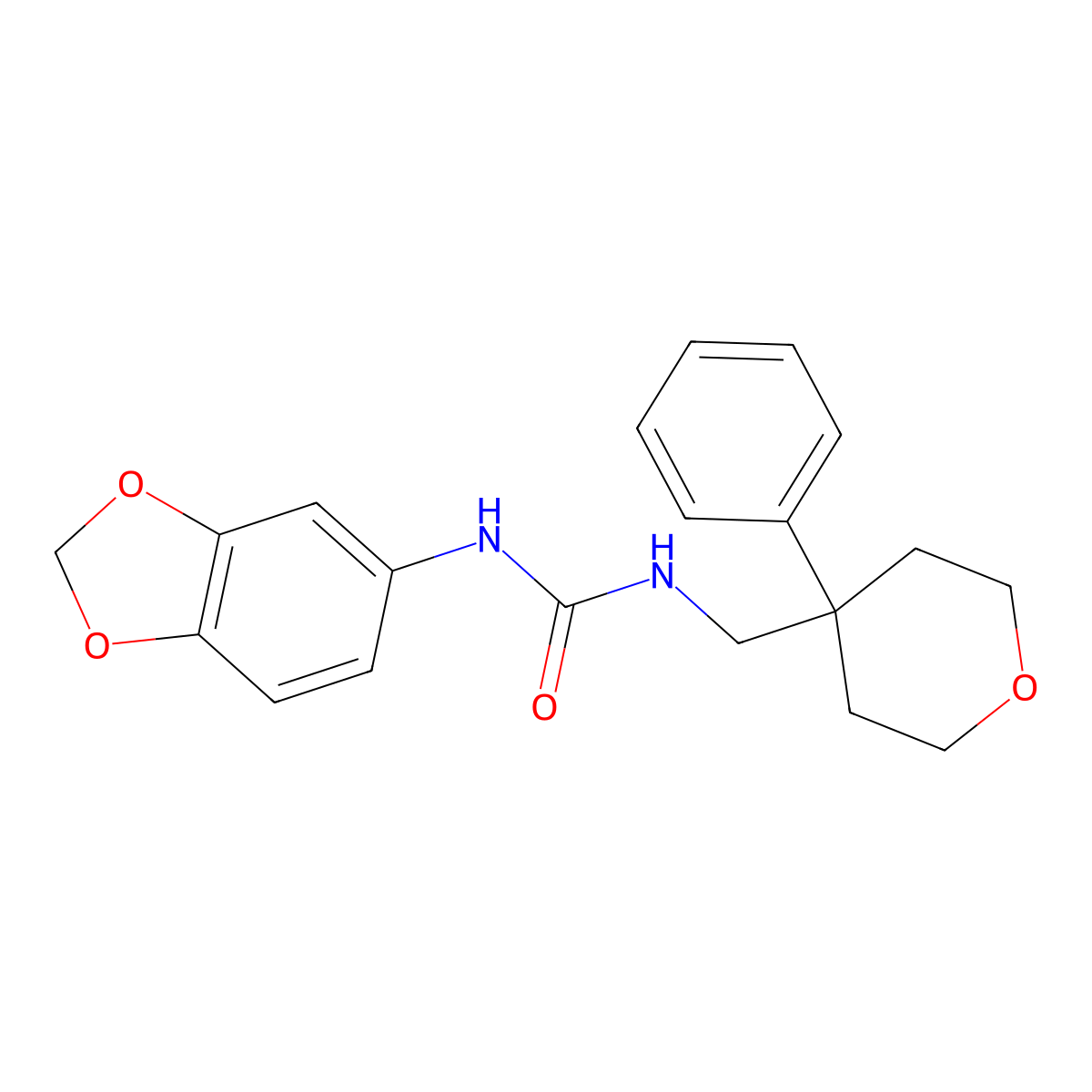 1-(benzo[d][1,3]dioxol-5-yl)-3-((4-phenyltetrahydro-2H-pyran-4-yl)methyl)urea molecular structure, CAS 1206984-70-4