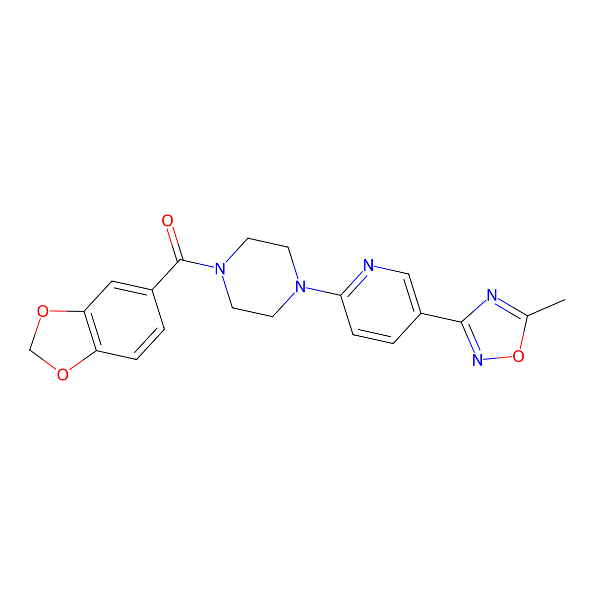 Benzo[d][1,3]dioxol-5-yl(4-(5-(5-methyl-1,2,4-oxadiazol-3-yl)pyridin-2-yl)piperazin-1-yl)methanone molecular structure, CAS 1206984-74-8