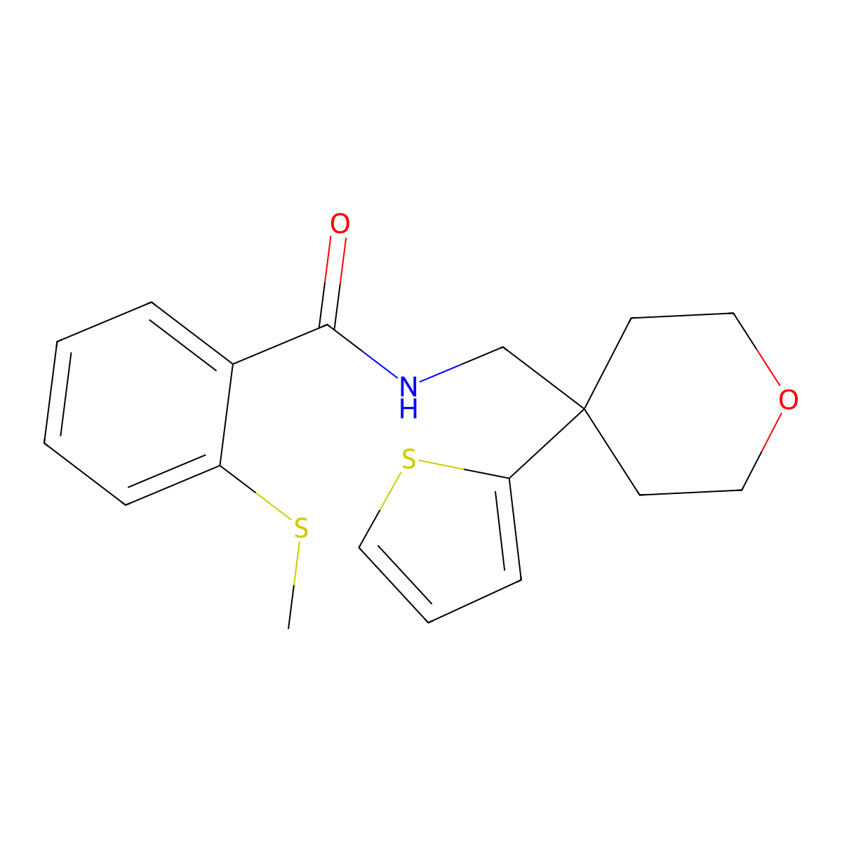 2-(methylthio)-N-((4-(thiophen-2-yl)tetrahydro-2H-pyran-4-yl)methyl)benzamide molecular structure, CAS 1206984-75-9
