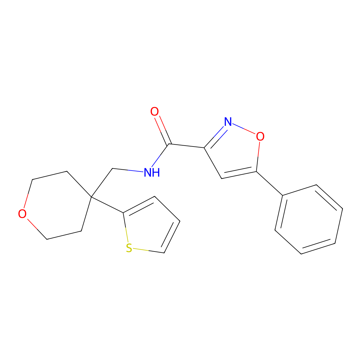 5-phenyl-N-((4-(thiophen-2-yl)tetrahydro-2H-pyran-4-yl)methyl)isoxazole-3-carboxamide molecular structure, CAS 1206984-76-0