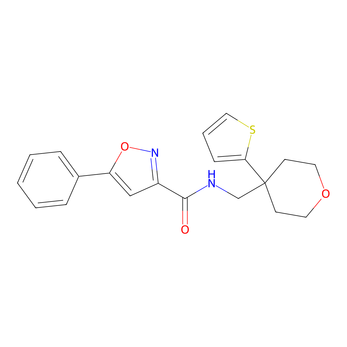 5-phenyl-N-((4-(thiophen-2-yl)tetrahydro-2H-pyran-4-yl)methyl)isoxazole-3-carboxamide molecular structure, CAS 1206984-76-0