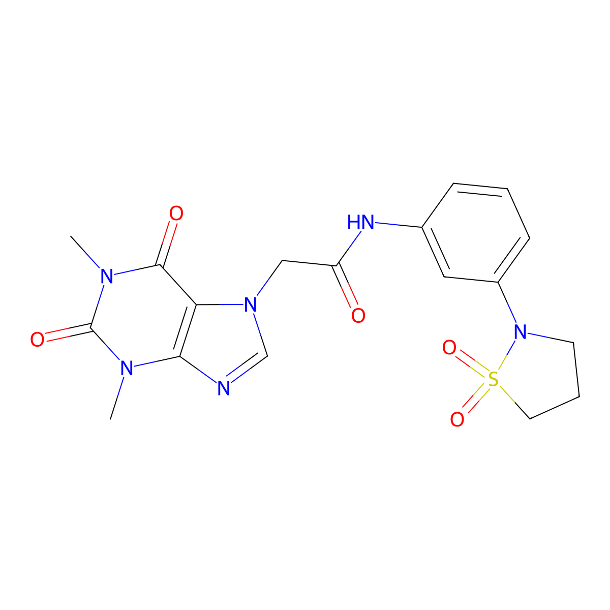 2-(1,3-dimethyl-2,6-dioxo-2,3-dihydro-1H-purin-7(6H)-yl)-N-(3-(1,1-dioxidoisothiazolidin-2-yl)phenyl)acetamide molecular structure, CAS 1206984-98-6