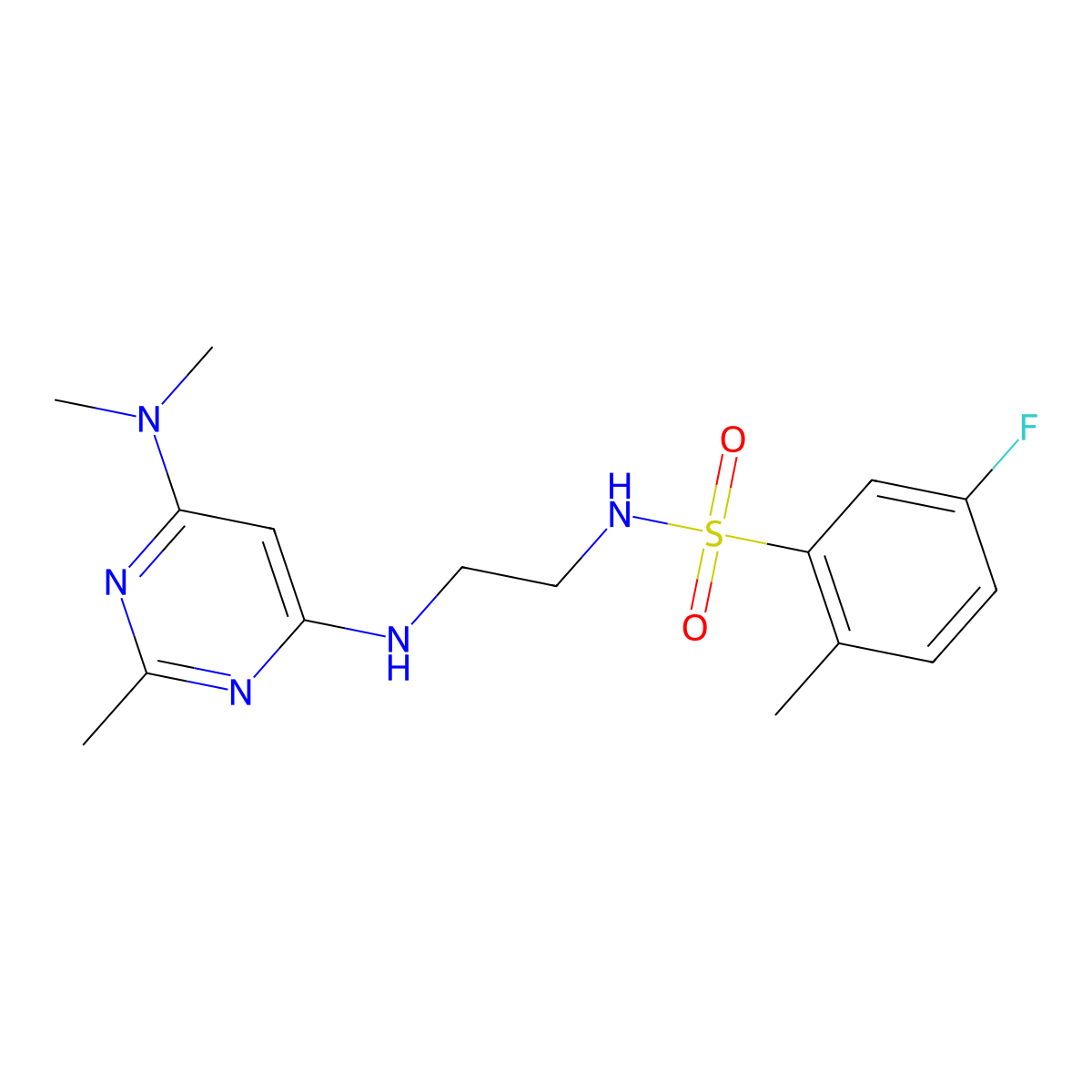 N-(2-((6-(dimethylamino)-2-methylpyrimidin-4-yl)amino)ethyl)-5-fluoro-2-methylbenzenesulfonamide molecular structure, CAS 1206985-00-3