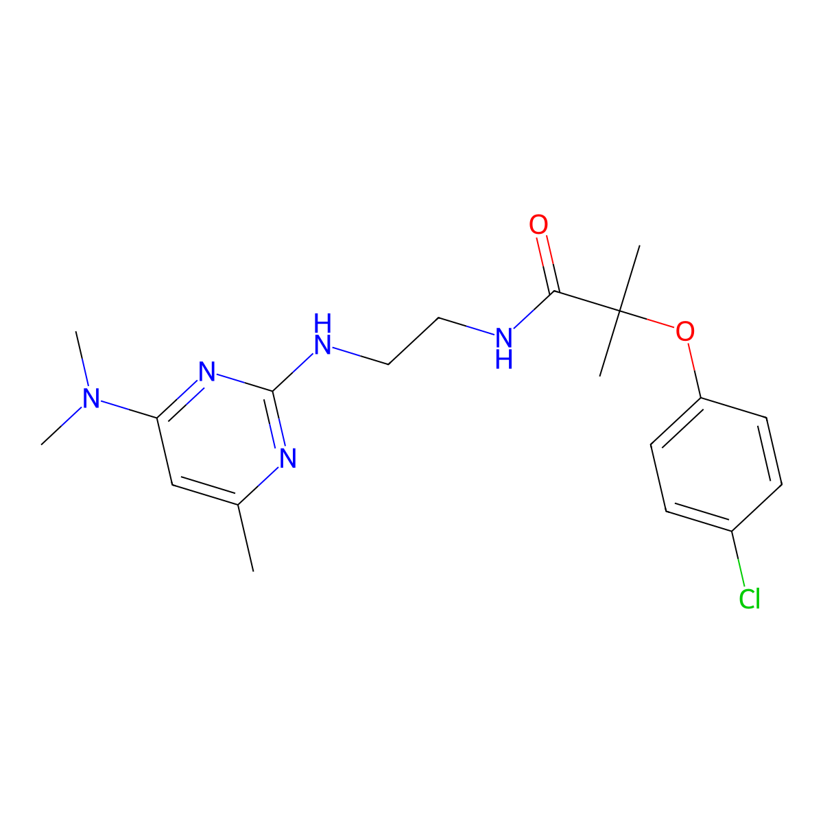 2-(4-chlorophenoxy)-N-(2-((4-(dimethylamino)-6-methylpyrimidin-2-yl)amino)ethyl)-2-methylpropanamide molecular structure, CAS 1206985-12-7