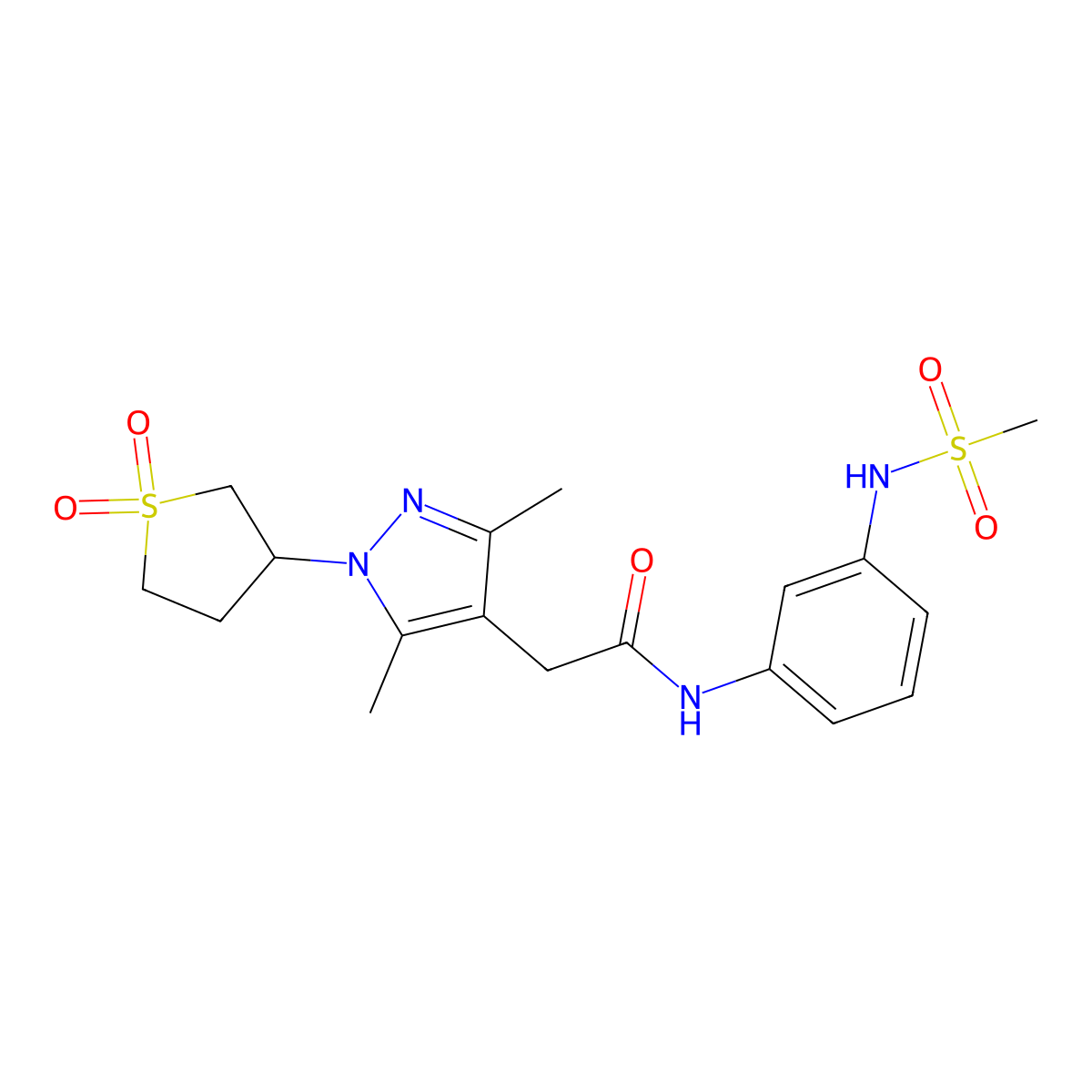 2-(1-(1,1-dioxidotetrahydrothiophen-3-yl)-3,5-dimethyl-1H-pyrazol-4-yl)-N-(3-(methylsulfonamido)phenyl)acetamide molecular structure, CAS 1206985-42-3