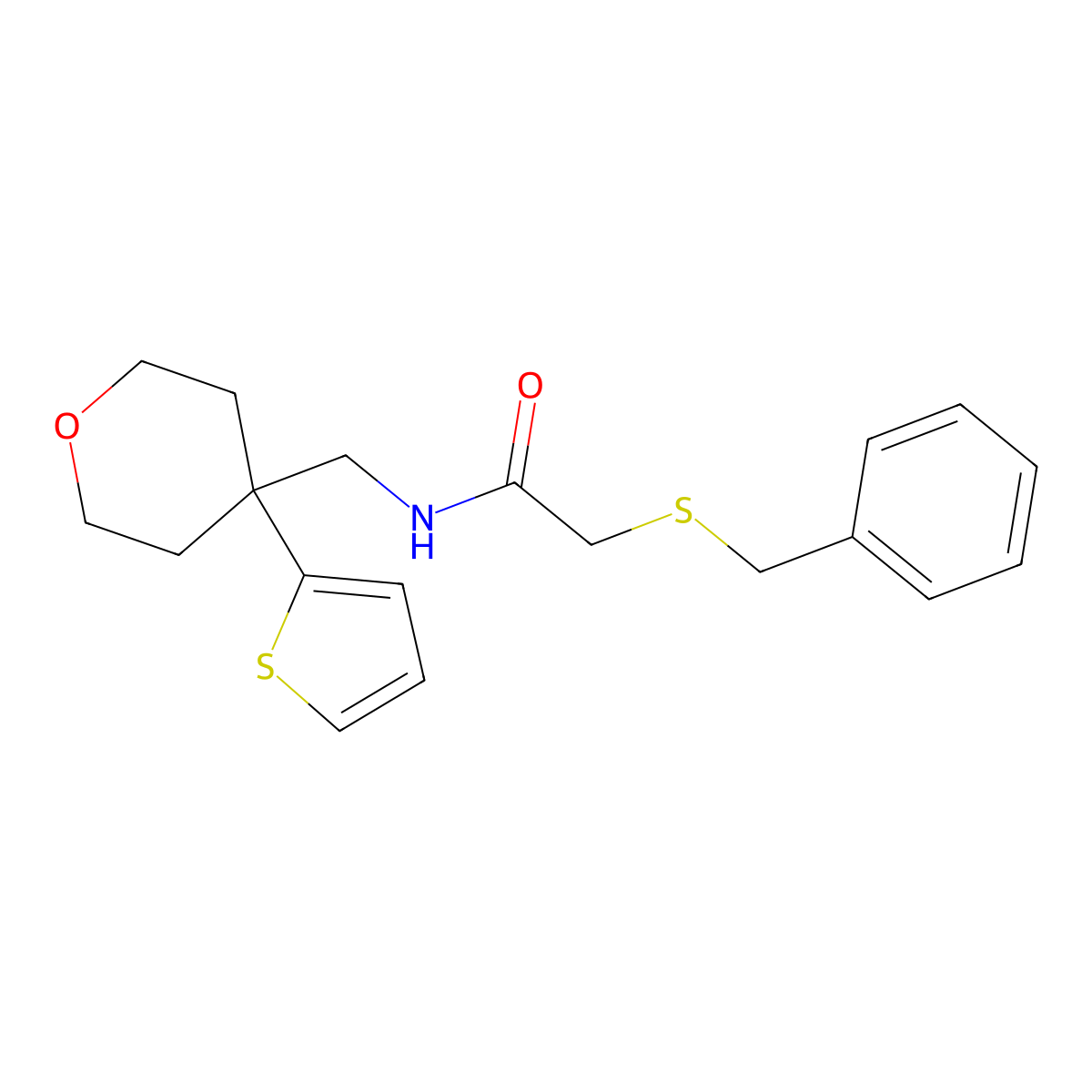 2-(benzylthio)-N-((4-(thiophen-2-yl)tetrahydro-2H-pyran-4-yl)methyl)acetamide molecular structure, CAS 1206985-45-6