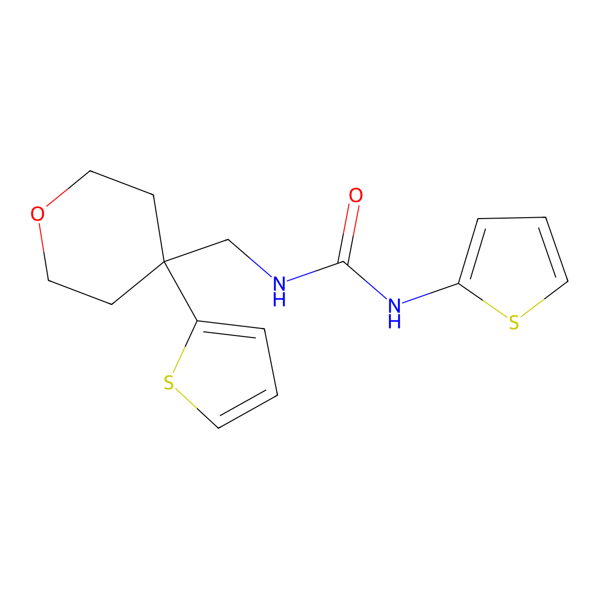 1-(thiophen-2-yl)-3-((4-(thiophen-2-yl)tetrahydro-2H-pyran-4-yl)methyl)urea molecular structure, CAS 1206985-48-9