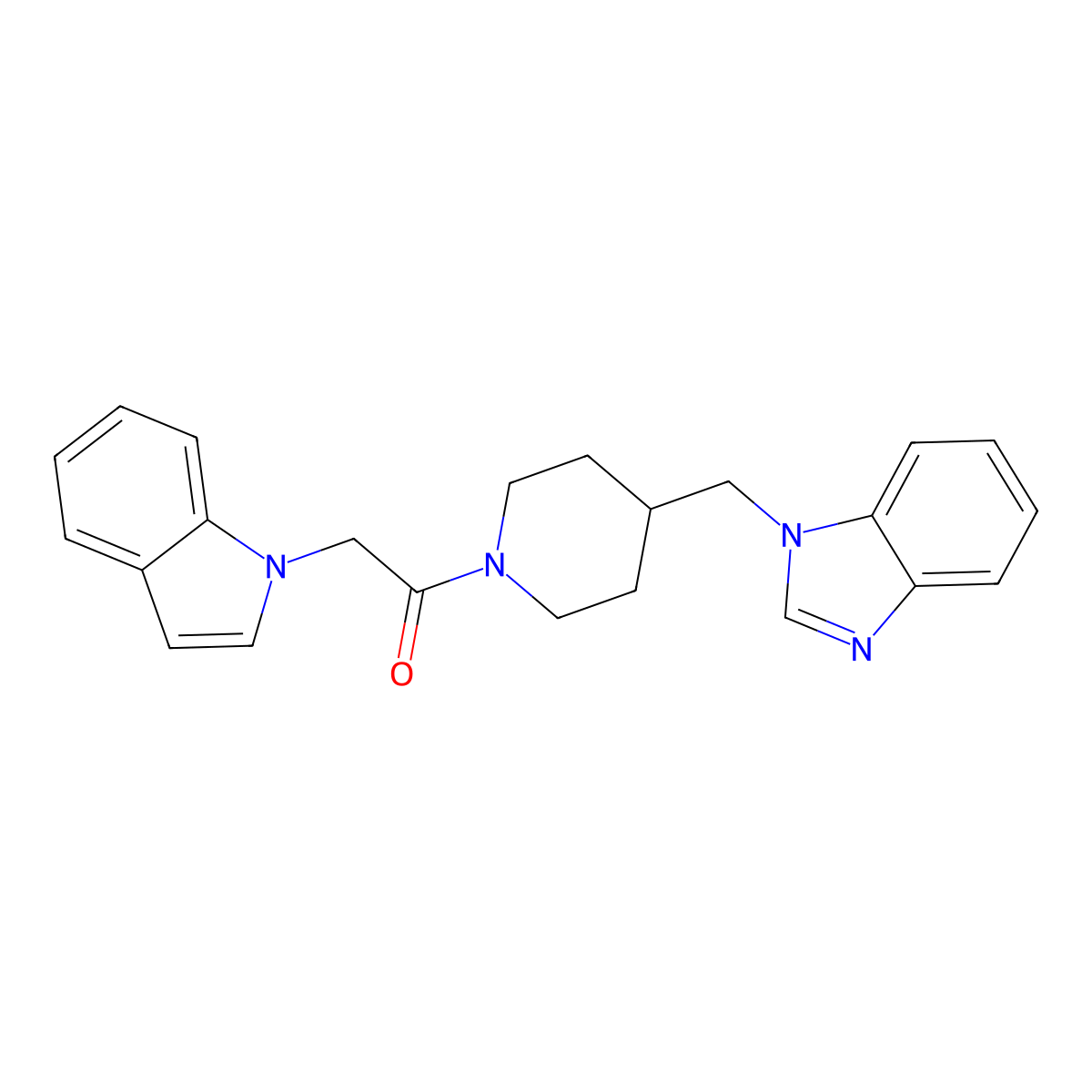 1-(4-((1H-benzo[d]imidazol-1-yl)methyl)piperidin-1-yl)-2-(1H-indol-1-yl)ethanone molecular structure, CAS 1206985-58-1
