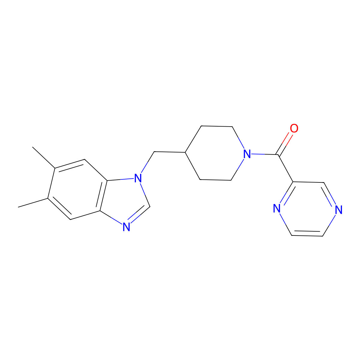(4-((5,6-dimethyl-1H-benzo[d]imidazol-1-yl)methyl)piperidin-1-yl)(pyrazin-2-yl)methanone molecular structure, CAS 1206985-70-7