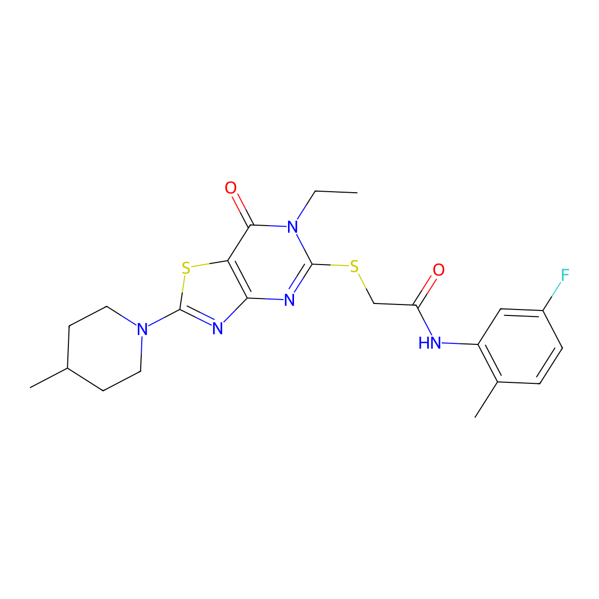 2-{[6-ethyl-2-(4-methylpiperidino)-7-oxo-6,7-dihydro[1,3]thiazolo[4,5-d]pyrimidin-5-yl]sulfanyl}-N~1~-(5-fluoro-2-methylphenyl)acetamide molecular structure, CAS 1206985-83-2