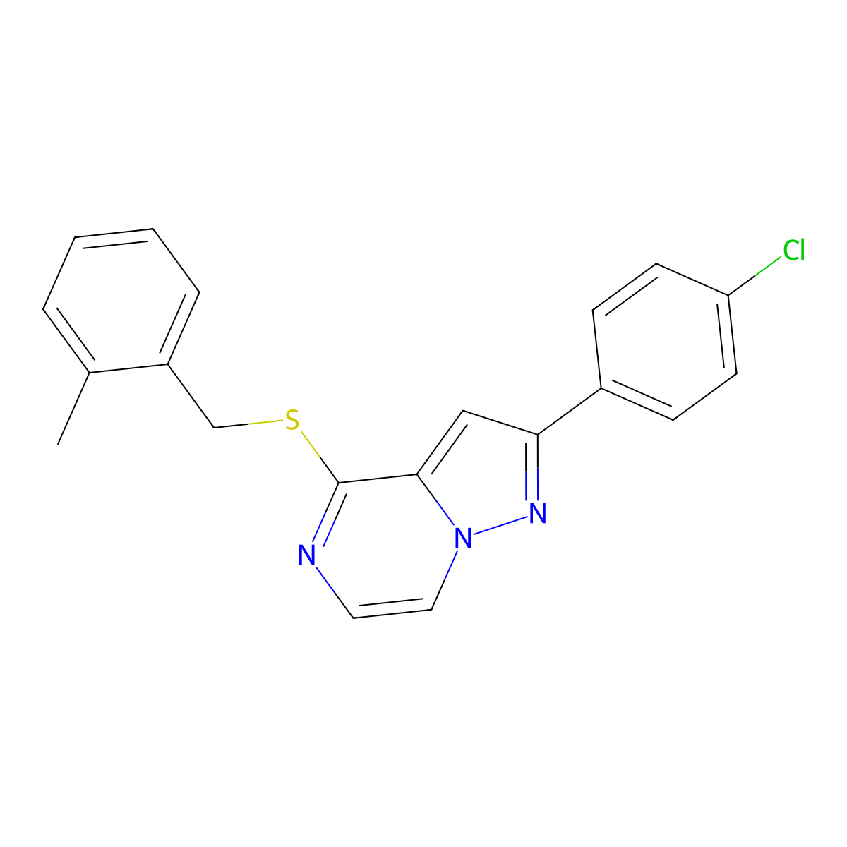2-(4-Chlorophenyl)-4-[(2-methylbenzyl)thio]pyrazolo[1,5-a]pyrazine molecular structure, CAS 1206986-26-6