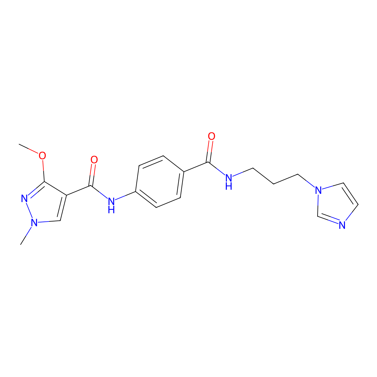 N-(4-((3-(1H-imidazol-1-yl)propyl)carbamoyl)phenyl)-3-methoxy-1-methyl-1H-pyrazole-4-carboxamide molecular structure, CAS 1206986-32-4