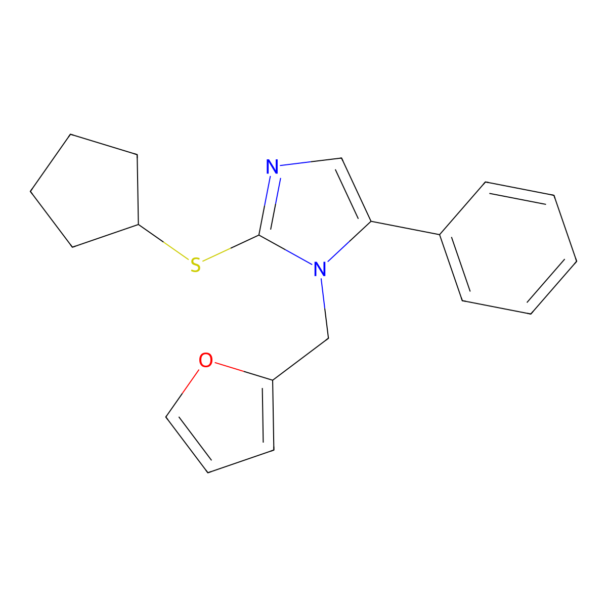 2-(cyclopentylthio)-1-(furan-2-ylmethyl)-5-phenyl-1H-imidazole molecular structure, CAS 1206986-44-8