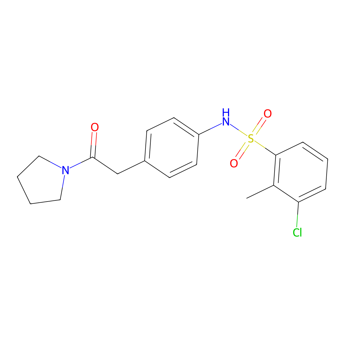 3-chloro-2-methyl-N-(4-(2-oxo-2-(pyrrolidin-1-yl)ethyl)phenyl)benzenesulfonamide molecular structure, CAS 1206986-53-9