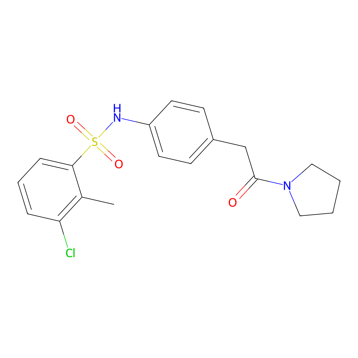 3-chloro-2-methyl-N-(4-(2-oxo-2-(pyrrolidin-1-yl)ethyl)phenyl)benzenesulfonamide molecular structure, CAS 1206986-53-9