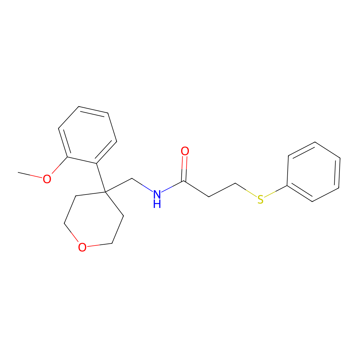 N-((4-(2-methoxyphenyl)tetrahydro-2H-pyran-4-yl)methyl)-3-(phenylthio)propanamide molecular structure, CAS 1206986-73-3