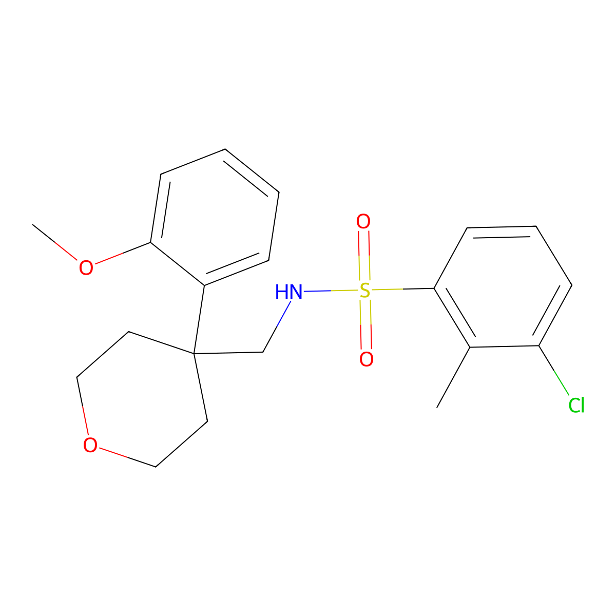 3-chloro-N-((4-(2-methoxyphenyl)tetrahydro-2H-pyran-4-yl)methyl)-2-methylbenzenesulfonamide molecular structure, CAS 1206986-81-3