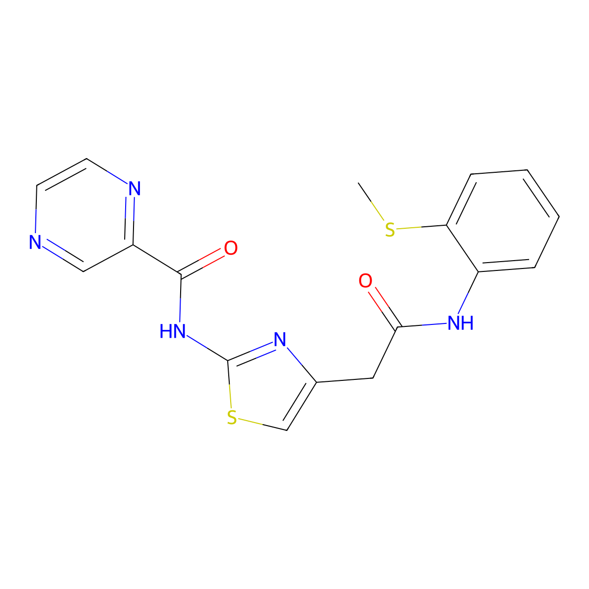 N-(4-(2-((2-(methylthio)phenyl)amino)-2-oxoethyl)thiazol-2-yl)pyrazine-2-carboxamide molecular structure, CAS 1206986-97-1