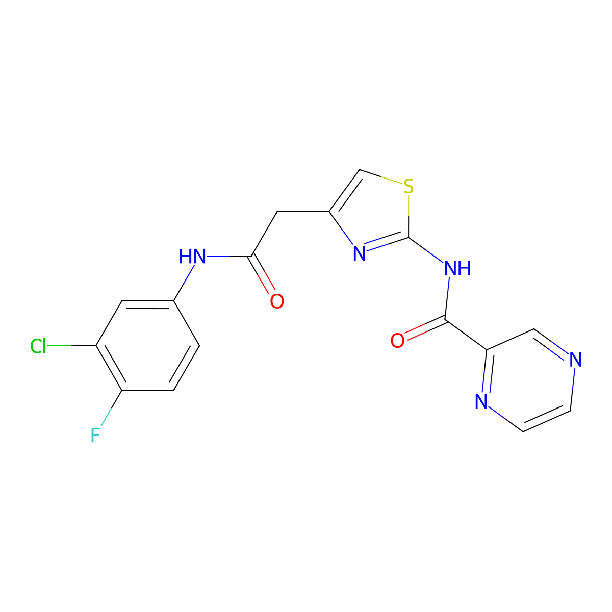 N-(4-(2-((3-chloro-4-fluorophenyl)amino)-2-oxoethyl)thiazol-2-yl)pyrazine-2-carboxamide molecular structure, CAS 1206987-10-1