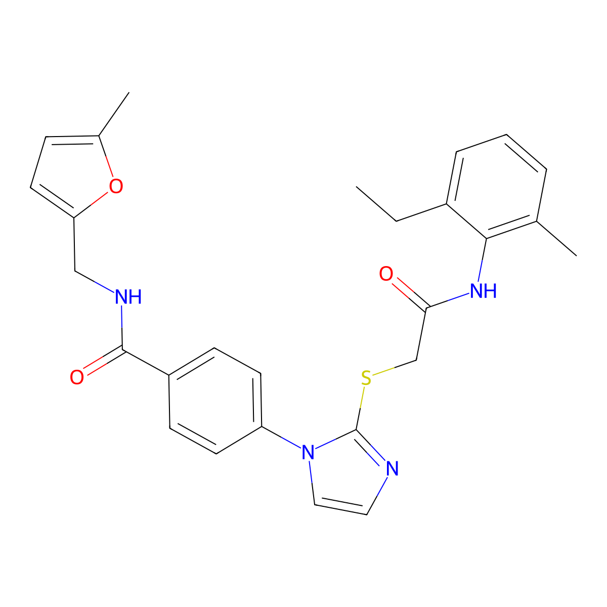 4-(2-((2-((2-ethyl-6-methylphenyl)amino)-2-oxoethyl)thio)-1H-imidazol-1-yl)-N-((5-methylfuran-2-yl)methyl)benzamide molecular structure, CAS 1206987-13-4