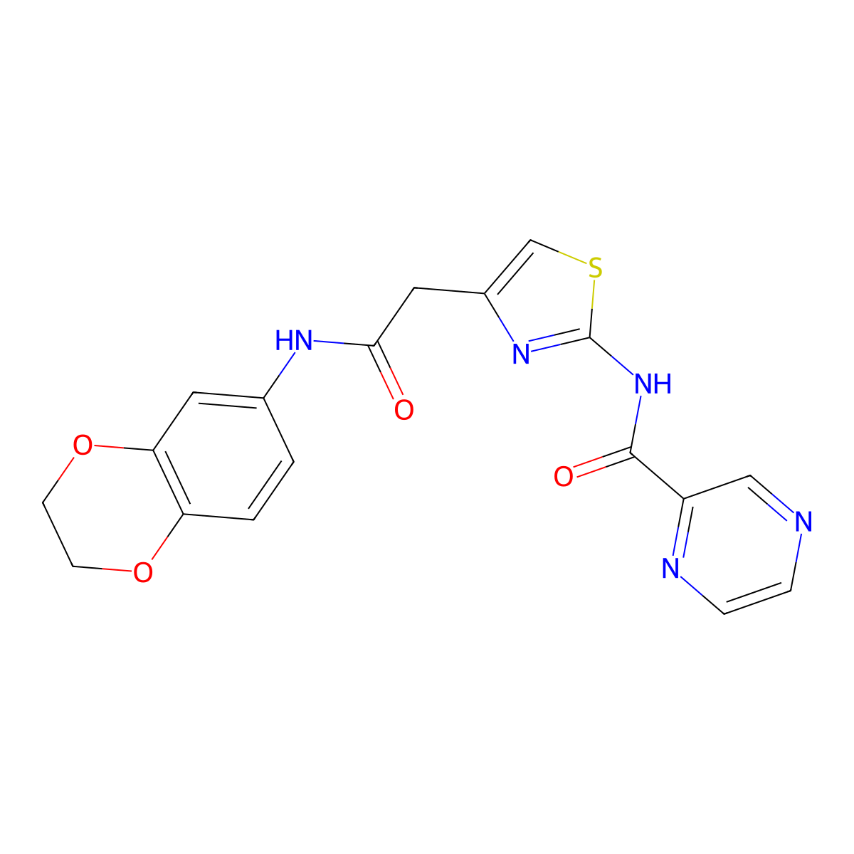 N-(4-(2-((2,3-dihydrobenzo[b][1,4]dioxin-6-yl)amino)-2-oxoethyl)thiazol-2-yl)pyrazine-2-carboxamide molecular structure, CAS 1206987-15-6