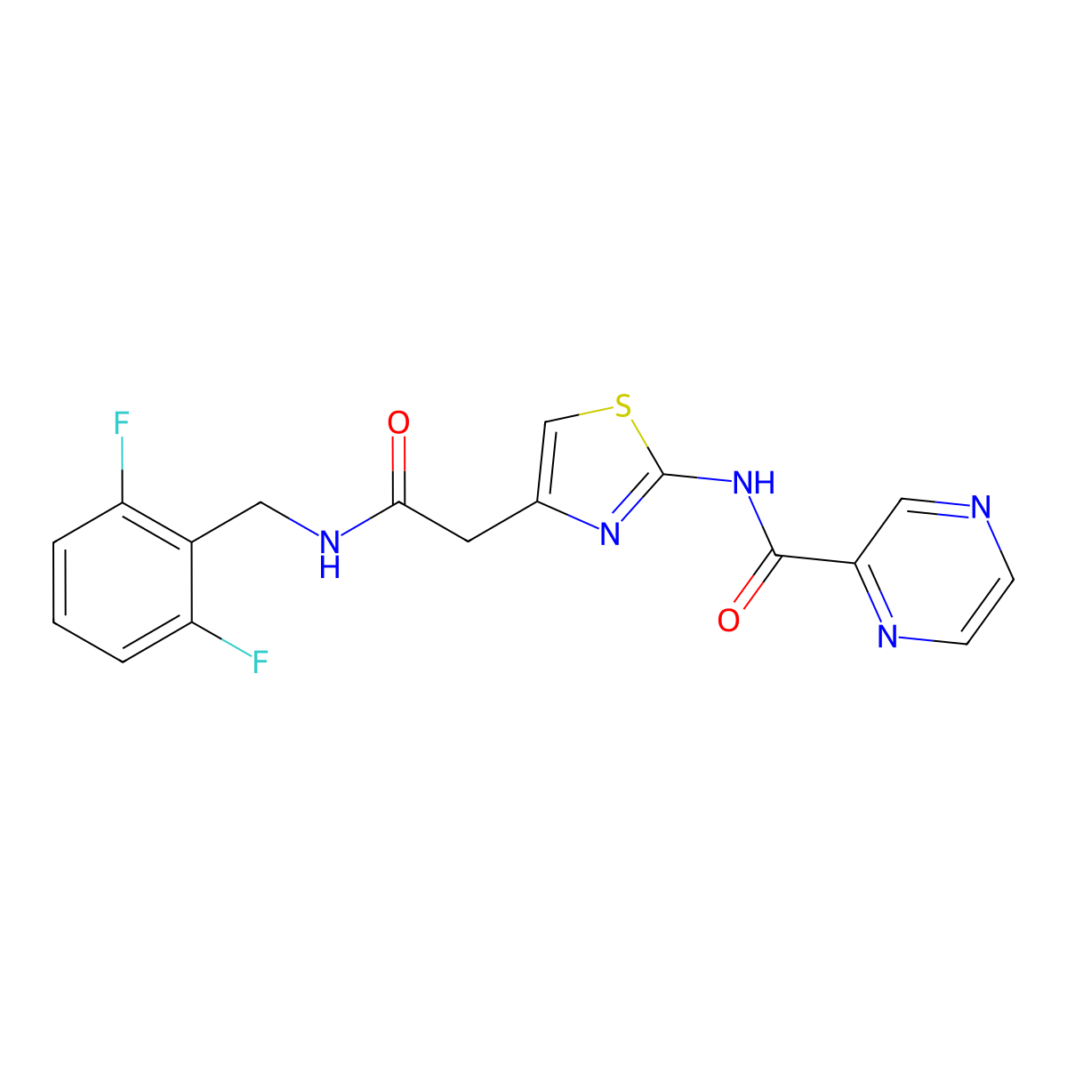 N-(4-(2-((2,6-difluorobenzyl)amino)-2-oxoethyl)thiazol-2-yl)pyrazine-2-carboxamide molecular structure, CAS 1206987-38-3