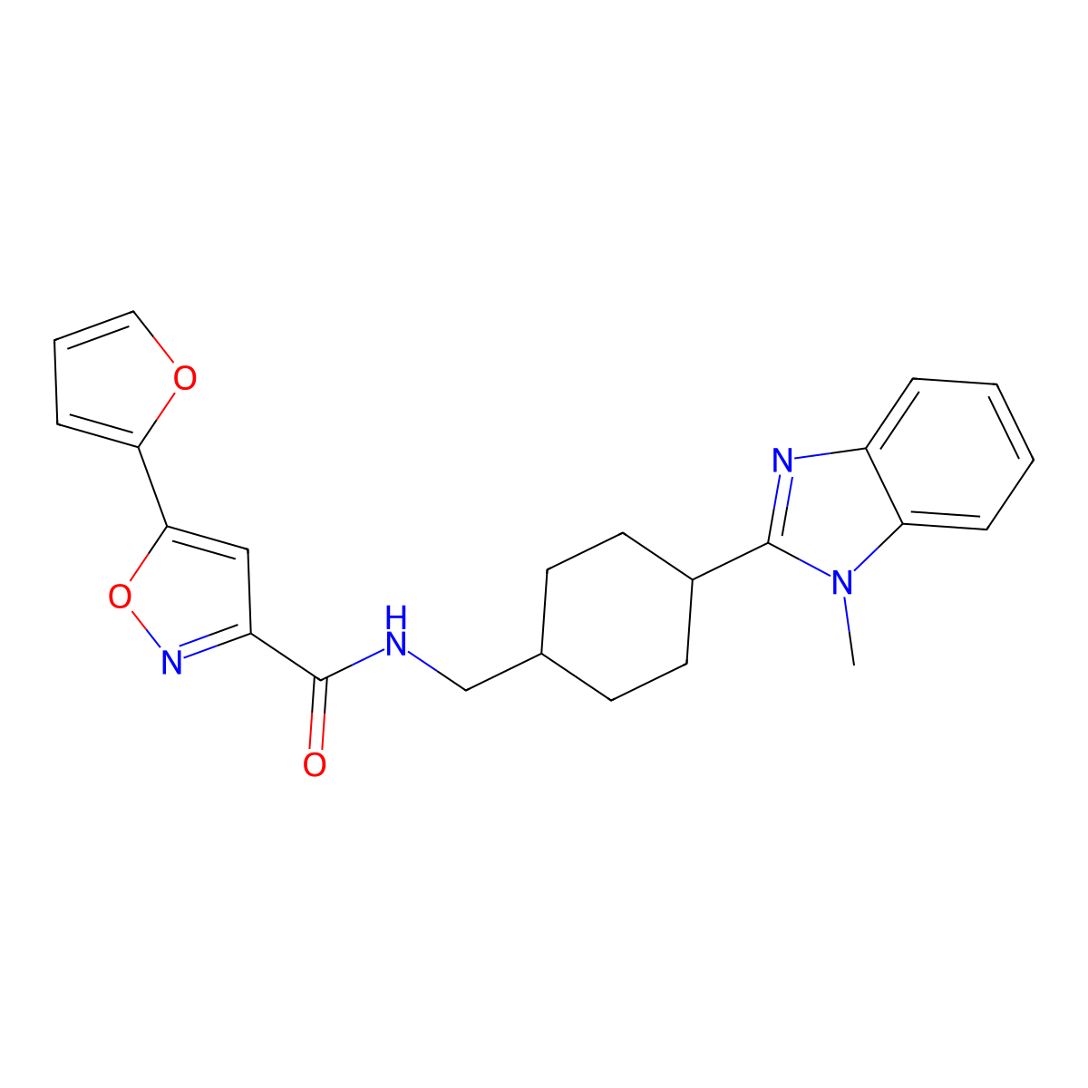 5-(furan-2-yl)-N-((4-(1-methyl-1H-benzo[d]imidazol-2-yl)cyclohexyl)methyl)isoxazole-3-carboxamide molecular structure, CAS 1206987-60-1