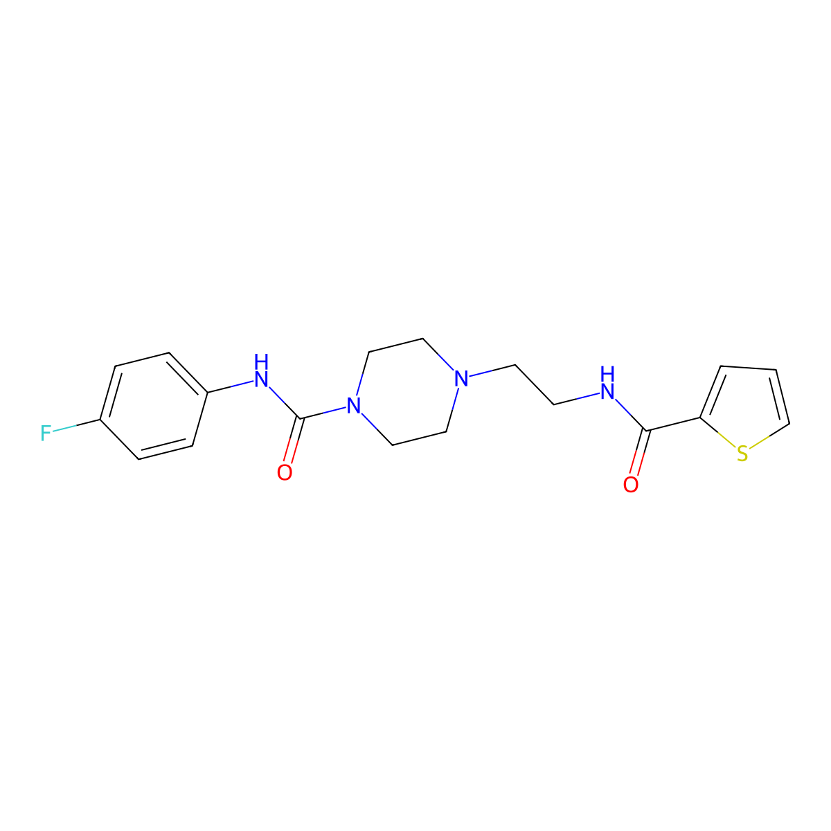 N-(4-fluorophenyl)-4-(2-(thiophene-2-carboxamido)ethyl)piperazine-1-carboxamide molecular structure, CAS 1206987-76-9