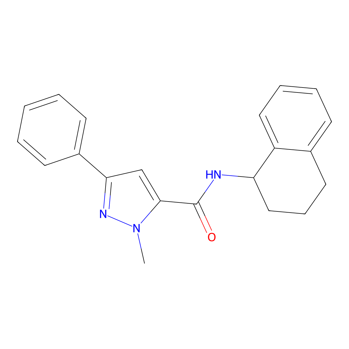1-methyl-3-phenyl-N-(1,2,3,4-tetrahydronaphthalen-1-yl)-1H-pyrazole-5-carboxamide molecular structure, CAS 1206987-90-7